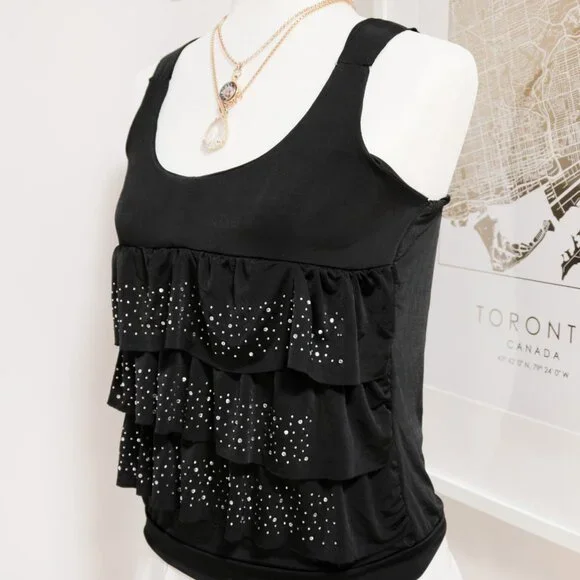 Black Rhinestone Ruffle Tank Top ♠️ - Picture 2 of 5